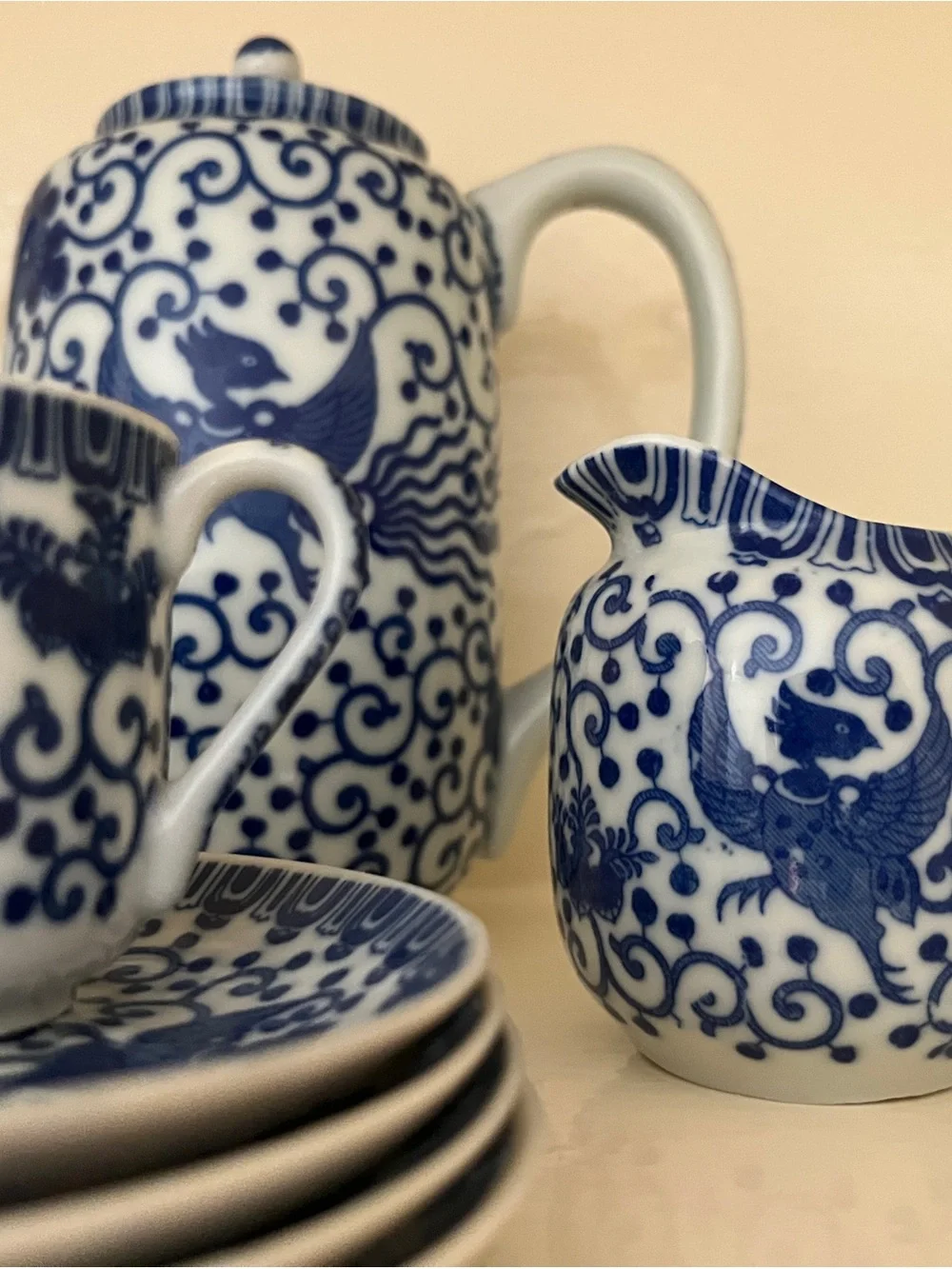 Vintage Blue & White Porcelain Phoenix Tea Set - Made in Japan (12pc)